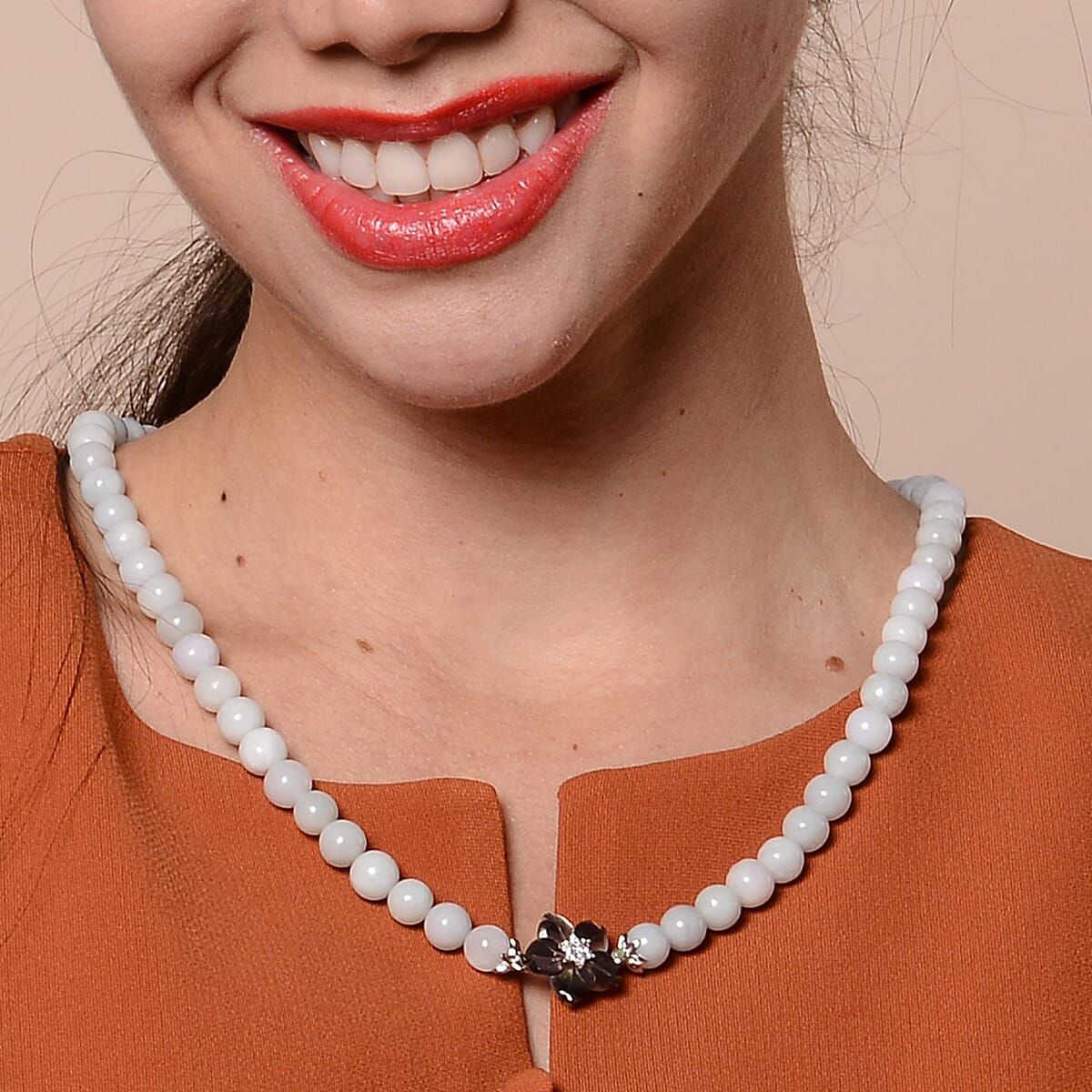 Jardin Collection Mother of Pearl, Natural Jade and White Zircon Carved Flower Charm Beaded Necklace 20 Inches in Sterling Silver 275.25 ctw image number 2