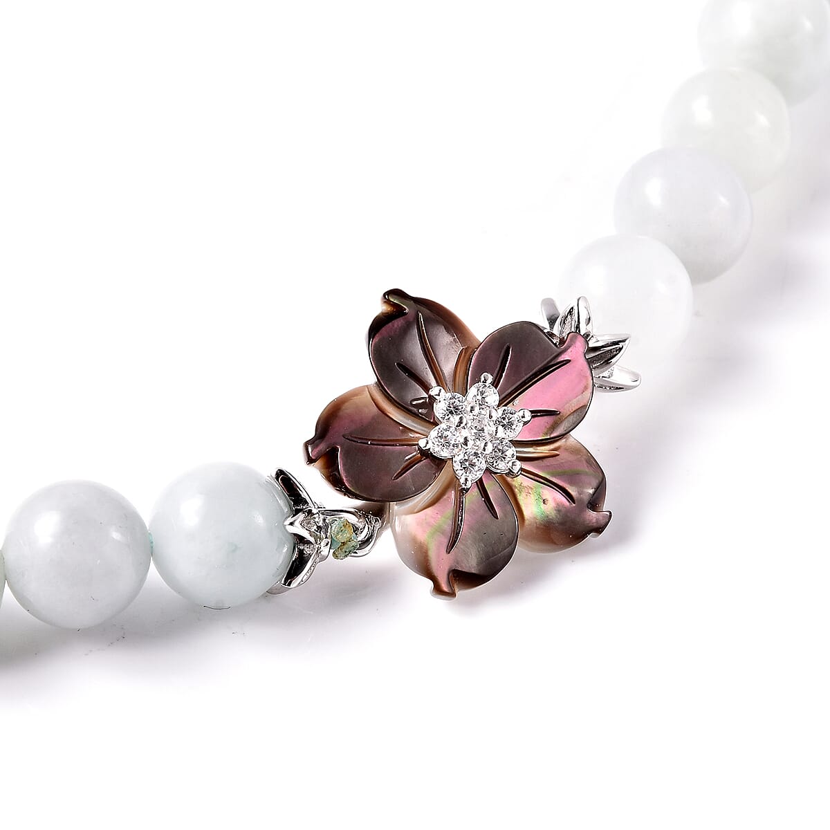 Jardin Collection Mother of Pearl, Natural Jade and White Zircon Carved Flower Charm Beaded Necklace 20 Inches in Sterling Silver 275.25 ctw image number 3
