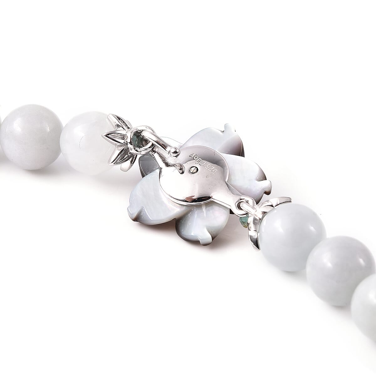 Jardin Collection Mother of Pearl, Natural Jade and White Zircon Carved Flower Charm Beaded Necklace 20 Inches in Sterling Silver 275.25 ctw image number 4
