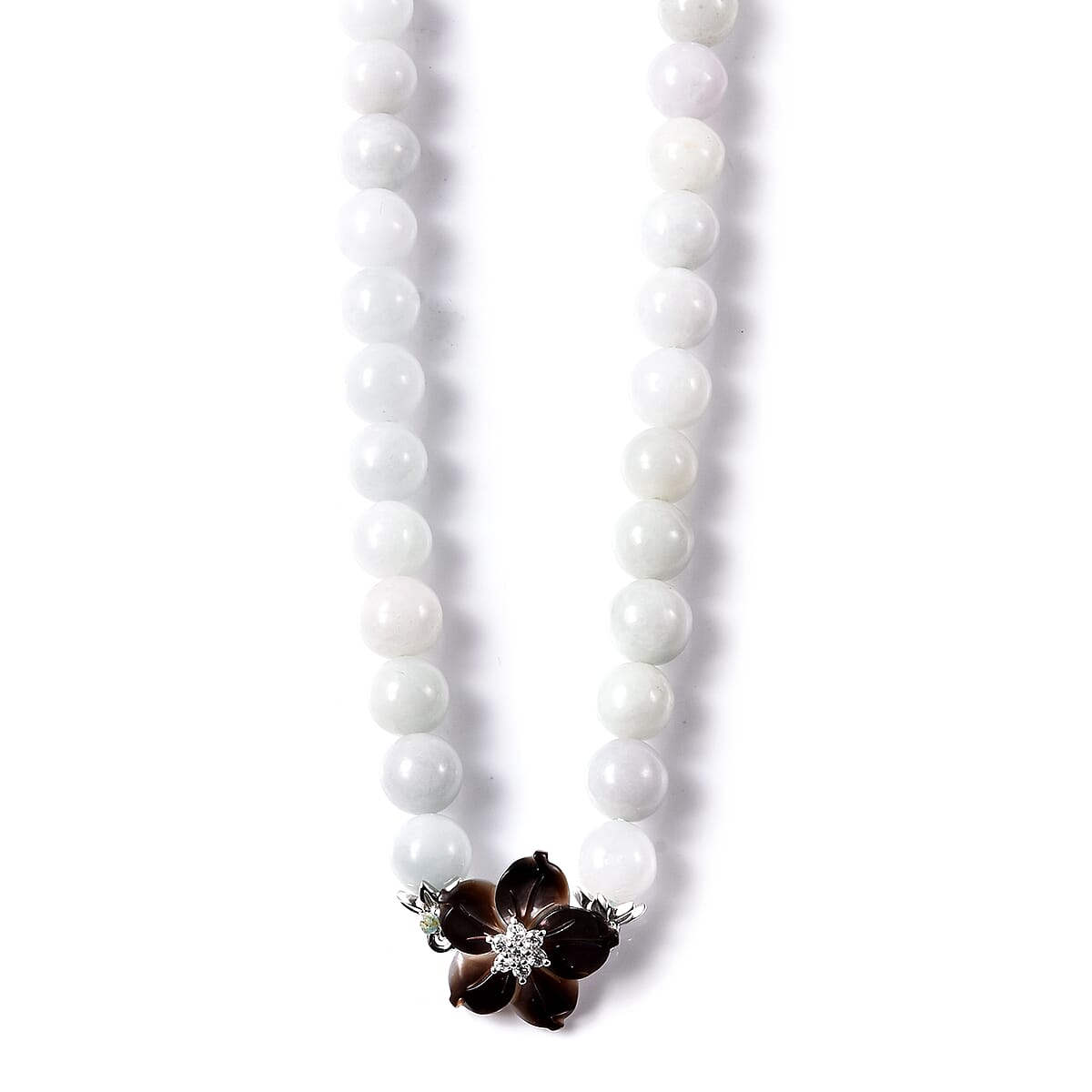 Jardin Collection Mother of Pearl, Natural Jade and White Zircon Carved Flower Charm Beaded Necklace 20 Inches in Sterling Silver 275.25 ctw image number 6
