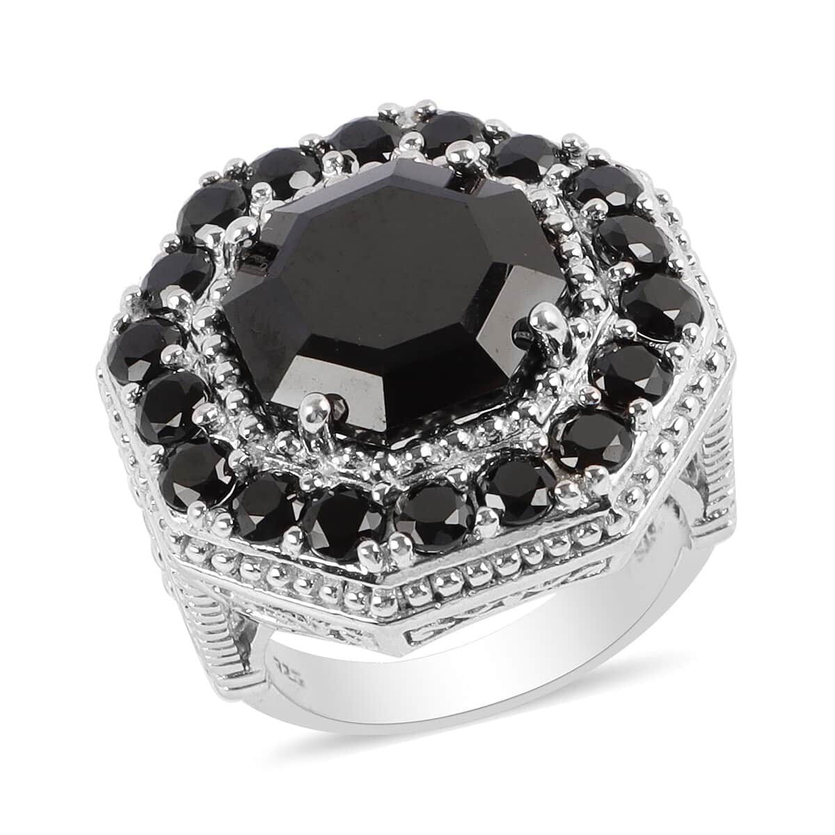 Natural Thai Black Spinel Ring in Platinum Over Sterling Silver (Size 6.0) 10.50 Grams 12.70 ctw image number 0