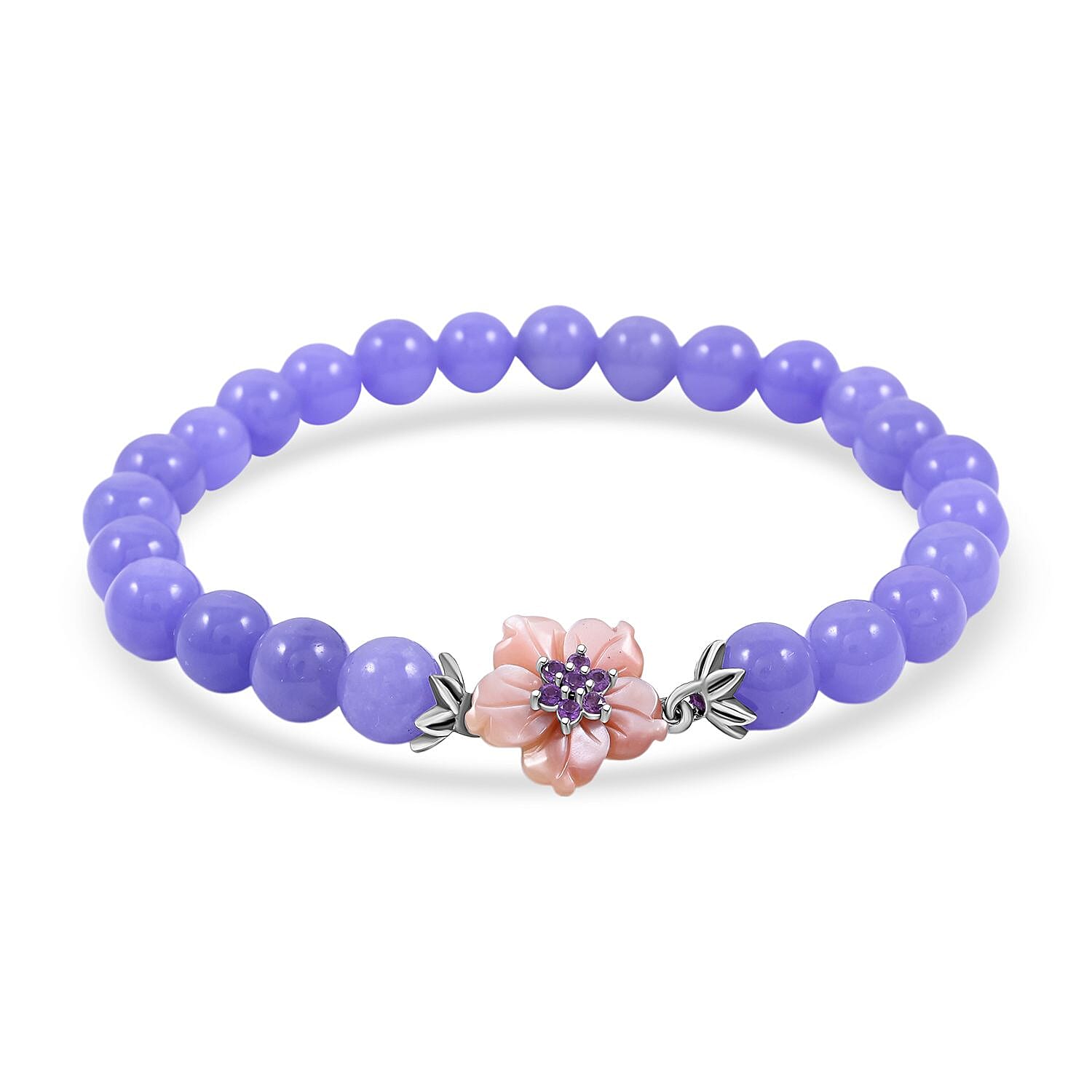 JARDIN COLLECTION Mother of Pearl Carved, Purple Jade and Amethyst Beaded Bracelet in Sterling Silver (8.00 In) 99.65 ctw