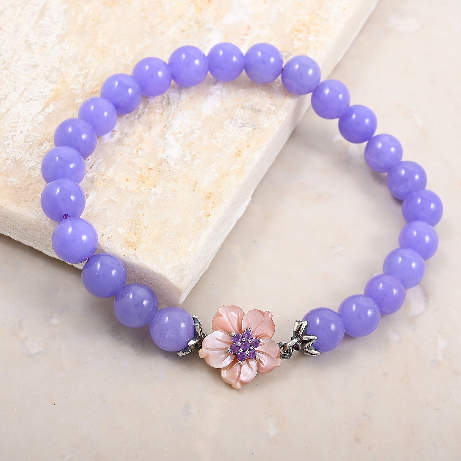 JARDIN COLLECTION Mother of Pearl Carved, Purple Jade and Amethyst Beaded Bracelet in Sterling Silver (8.00 In) 99.65 ctw