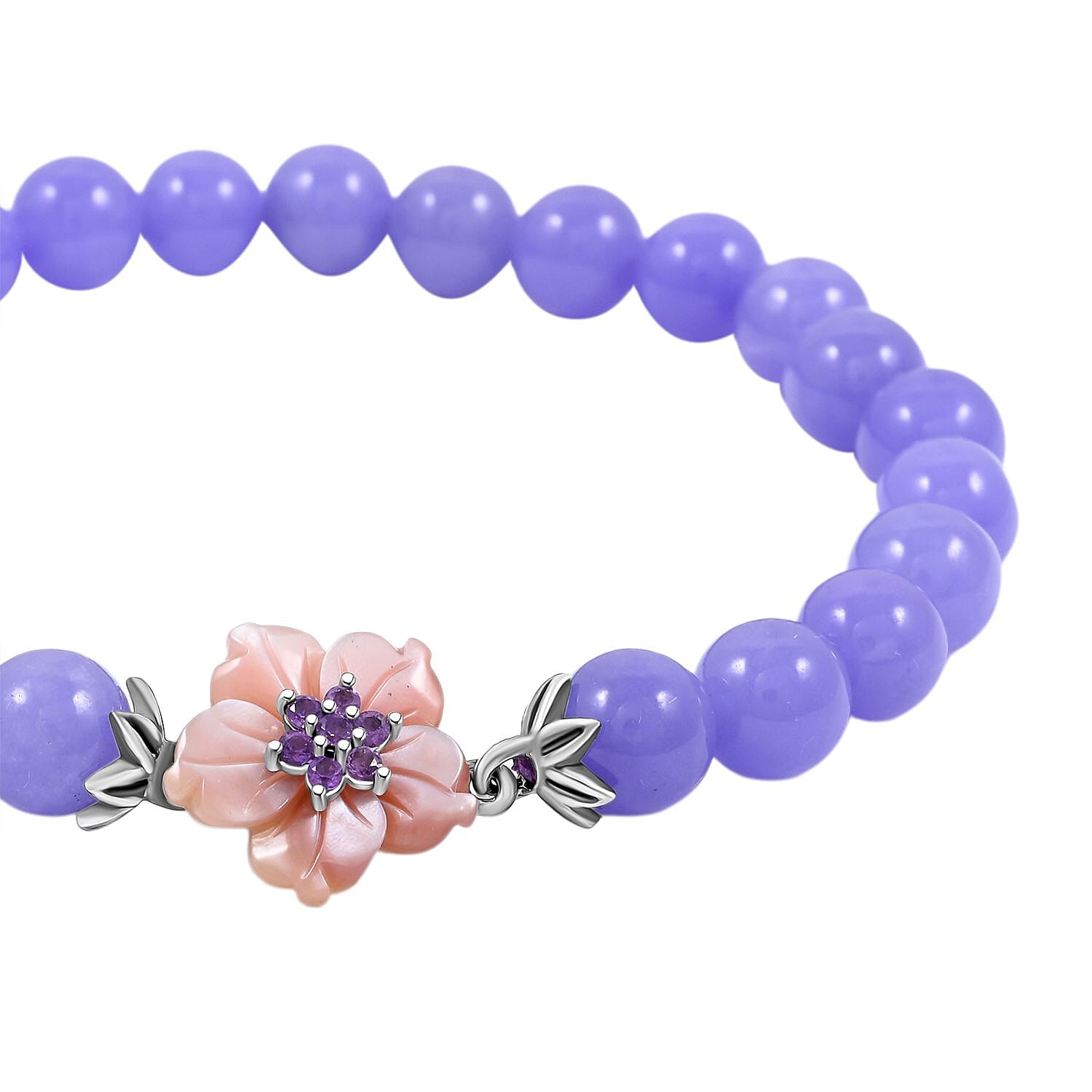 JARDIN COLLECTION Mother of Pearl Carved, Purple Jade and Amethyst Beaded Bracelet in Sterling Silver (8.00 In) 99.65 ctw