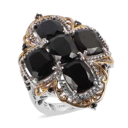 Natural Thai Black Spinel Ring in 14K Yellow Gold and Platinum Over Sterling Silver (Size 6.0) 10.28 Grams 19.40 ctw image number 0
