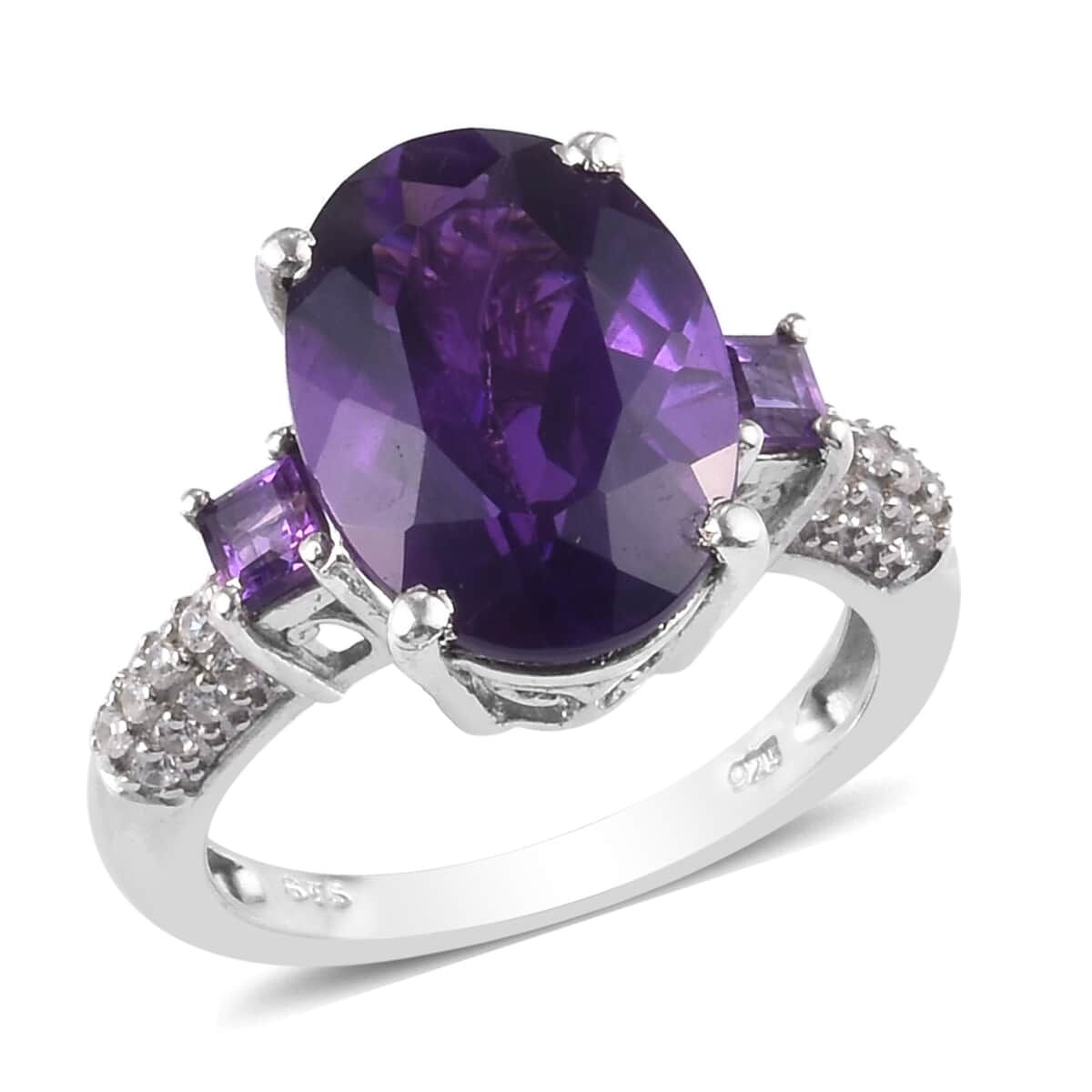 Amethyst and Zircon Ring in Platinum Over Sterling Silver (Size 6.0) 7.00 ctw image number 0