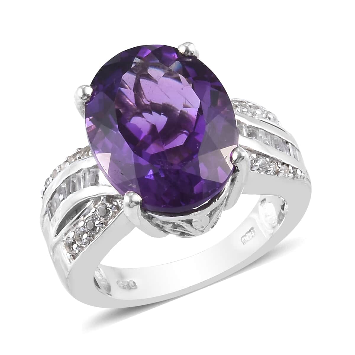 Amethyst and Zircon Ring in Platinum Over Sterling Silver (Size 7.0) 8 Grams 7.30 ctw image number 0