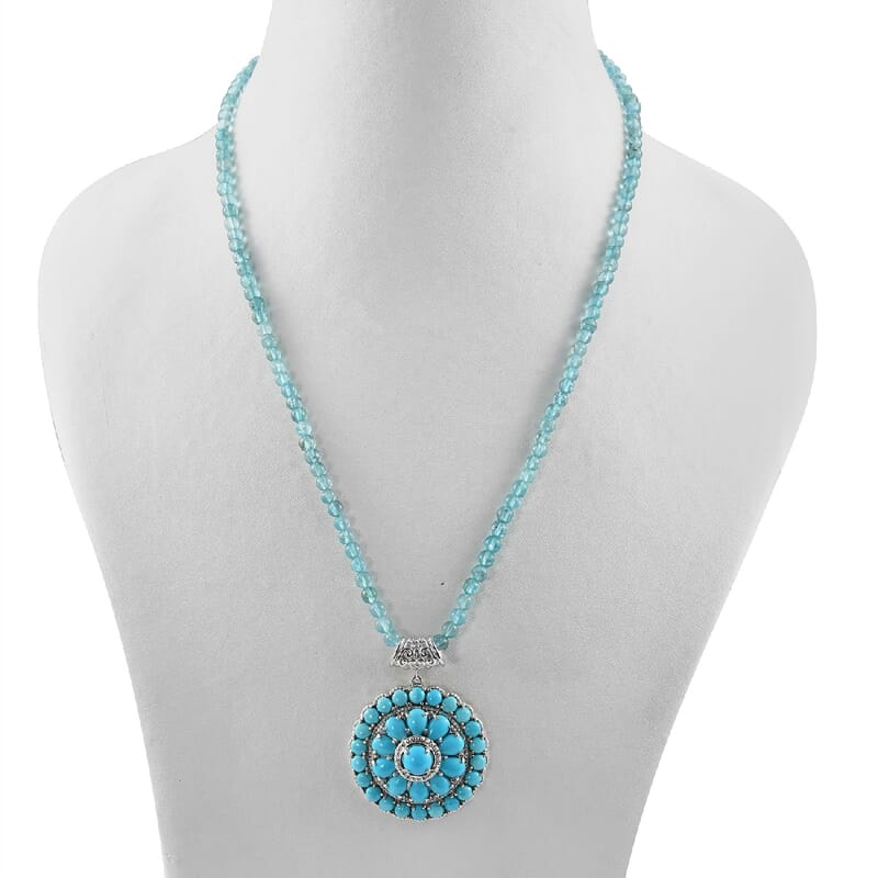 AMERICAN Natural Sleeping Beauty Turquoise and Multi Gemstone Pendant Necklace 20 Inches in Platinum Over Sterling Silver 11 Grams 162.65 ctw