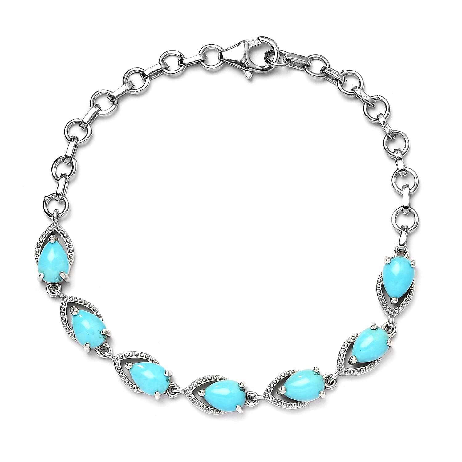 AMERICAN Natural Sleeping Beauty Turquoise Station Bracelet in Platinum Over Sterling Silver (7.25 In) 4.50 ctw