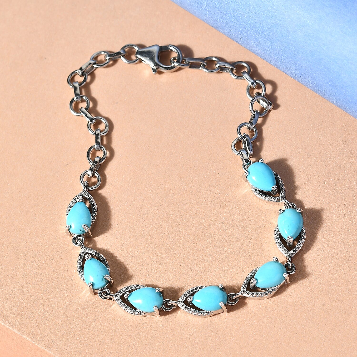 AMERICAN Natural Sleeping Beauty Turquoise Station Bracelet in Platinum Over Sterling Silver (7.25 In) 4.50 ctw