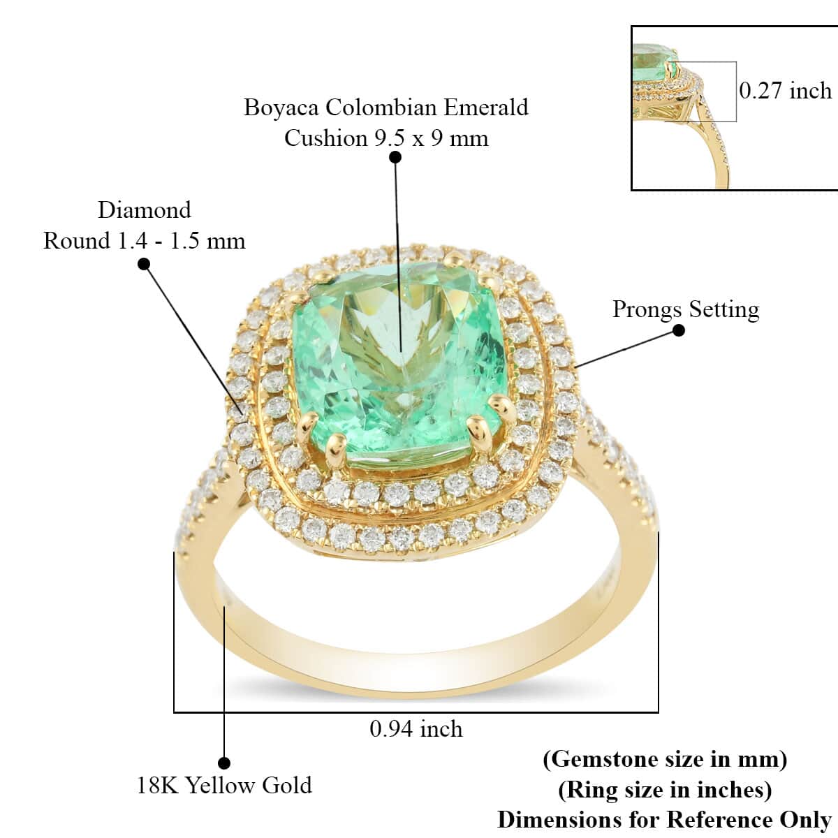 Iliana 18K Yellow Gold AAA Boyaca Colombian Emerald and G-H SI Diamond Ring (Size 7.0) 4.00 ctw image number 4