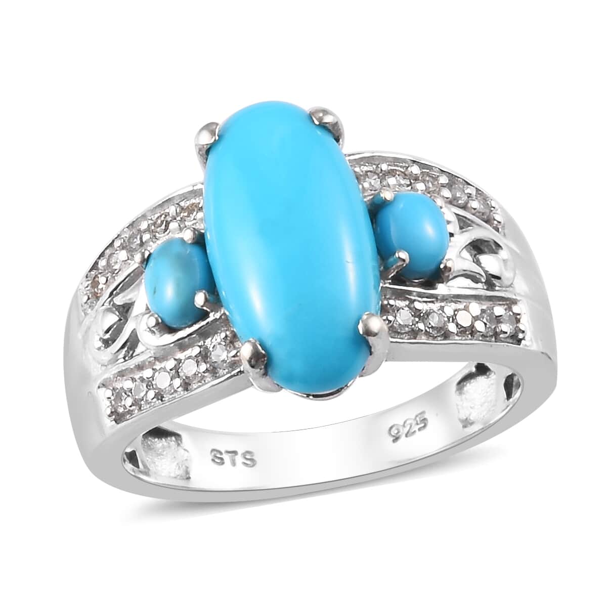 American Natural Sleeping Beauty Turquoise and White Zircon Ring in Platinum Over Sterling Silver (Size 7.0) 4.86 ctw image number 0