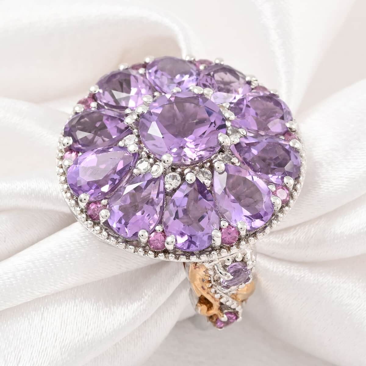 Rose De France Amethyst and Multi Gemstone Ring in 14K Yellow Gold and Platinum Over Sterling Silver (Size 7.0) 9.35 Grams 8.50 ctw image number 1