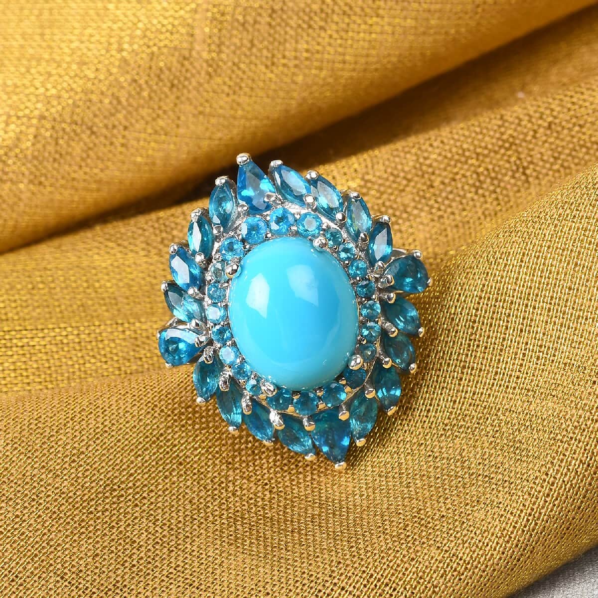 Sleeping Beauty Turquoise and Malgache Neon Apatite Cocktail Ring in Platinum Over Sterling Silver (Size 6.0) 6.60 ctw image number 1