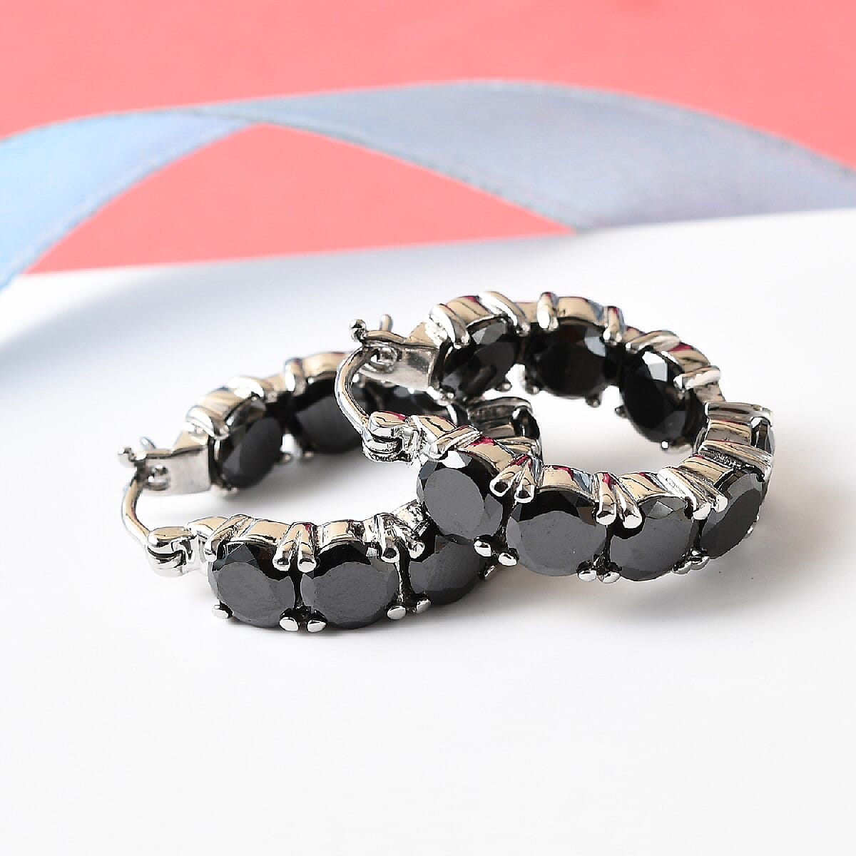 Simulated Black Diamond Inside Out Hoop Earrings in Stainless Steel 22.40 ctw