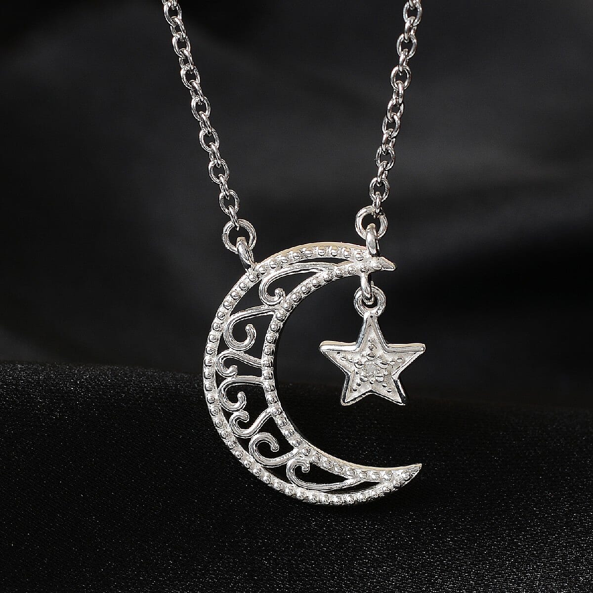 Diamond Accent Star & Half Moon Necklace 18 Inches in Sterling Silver & Stainless Steel