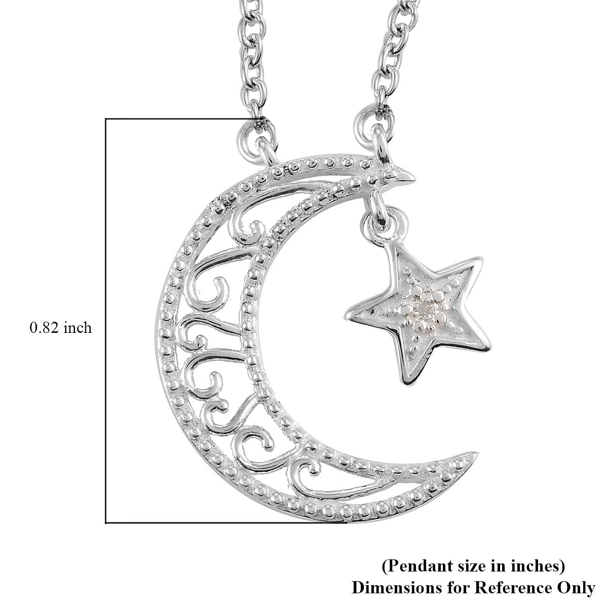Diamond Accent Star & Half Moon Necklace 18 Inches in Sterling Silver & Stainless Steel