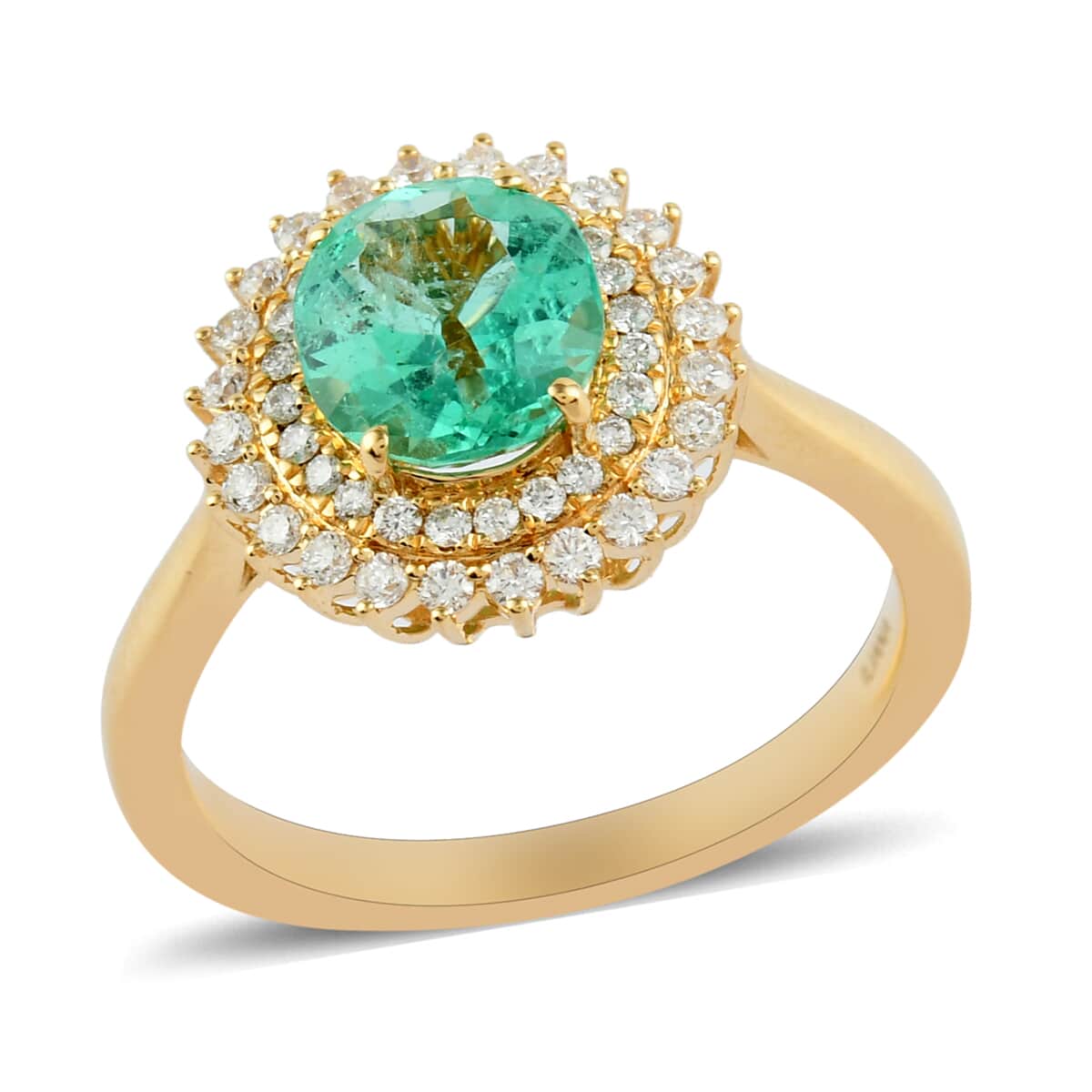 Iliana 18K Yellow Gold AAA Colombian Emerald and G-H SI Diamond Double Halo Ring (Size 7.0) 4.40 Grams 1.80 ctw image number 0