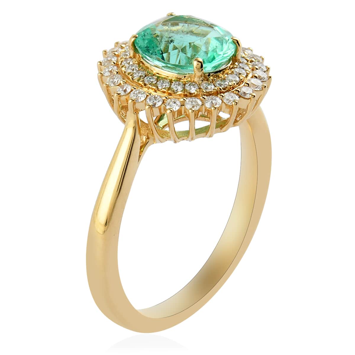 Iliana 18K Yellow Gold AAA Colombian Emerald and G-H SI Diamond Double Halo Ring (Size 7.0) 4.40 Grams 1.80 ctw image number 2