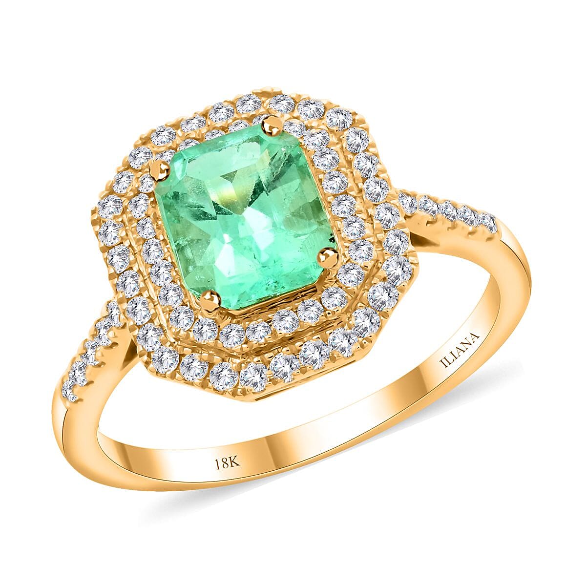 One Of A Kind Certified & Appraised Iliana 18K Yellow Gold AAA Boyaca Colombian Emerald and G-H SI Diamond Double Halo Ring (Size 8.0) 3.85 Grams 1.70 ctw image number 0