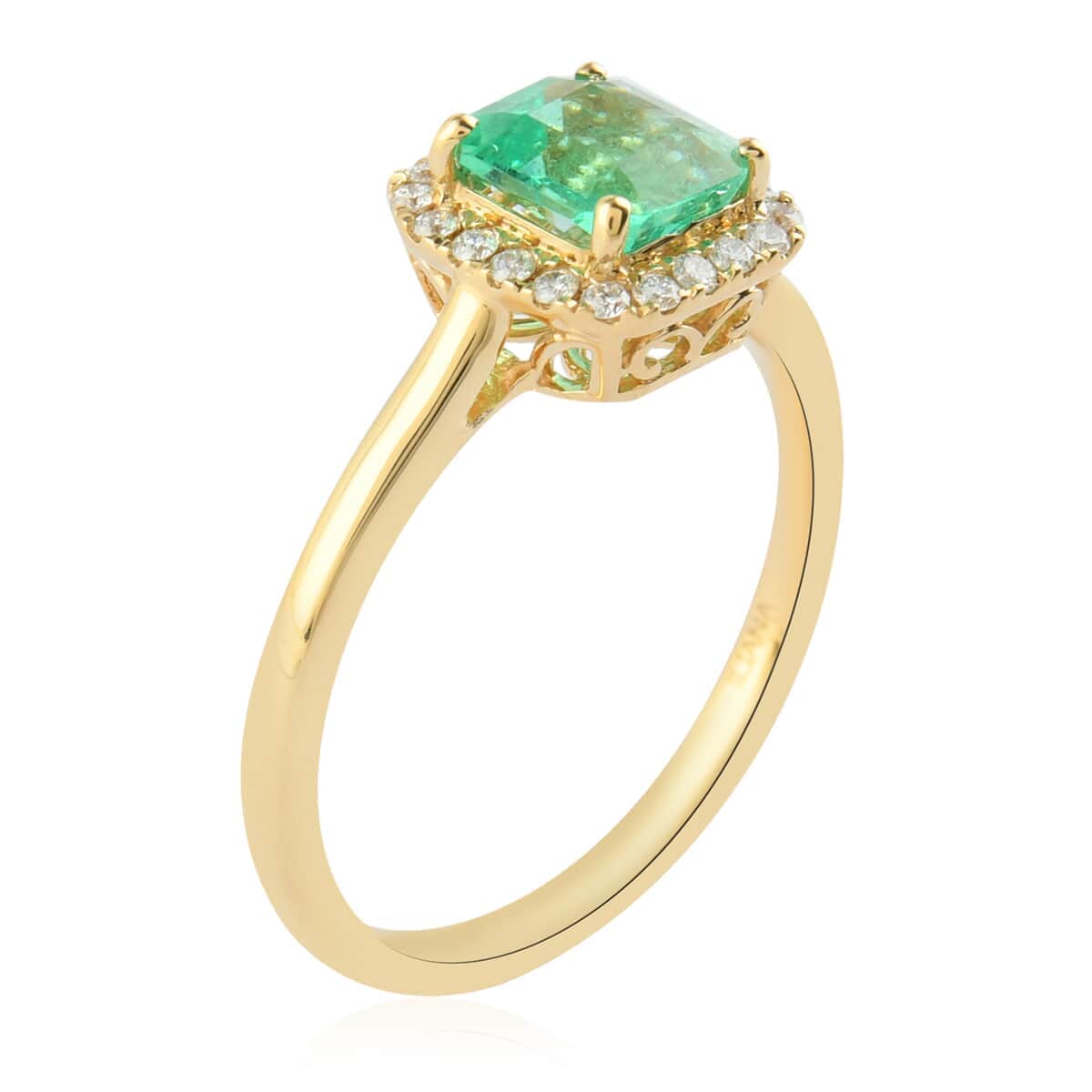 Iliana 18K Yellow Gold AAA Boyaca Colombian Emerald and G-H SI Diamond Halo Ring (Size 6.0) 1.10 ctw image number 2