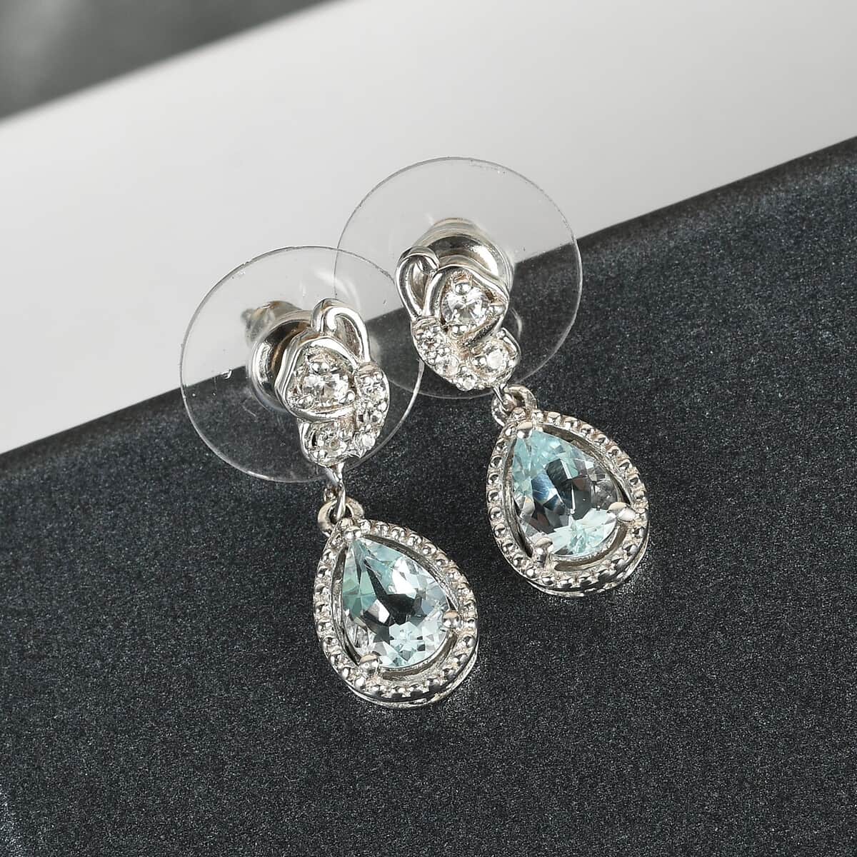 Premium Espirito Santo Aquamarine and Zircon Earrings in Platinum Over Sterling Silver 1.40 ctw image number 1