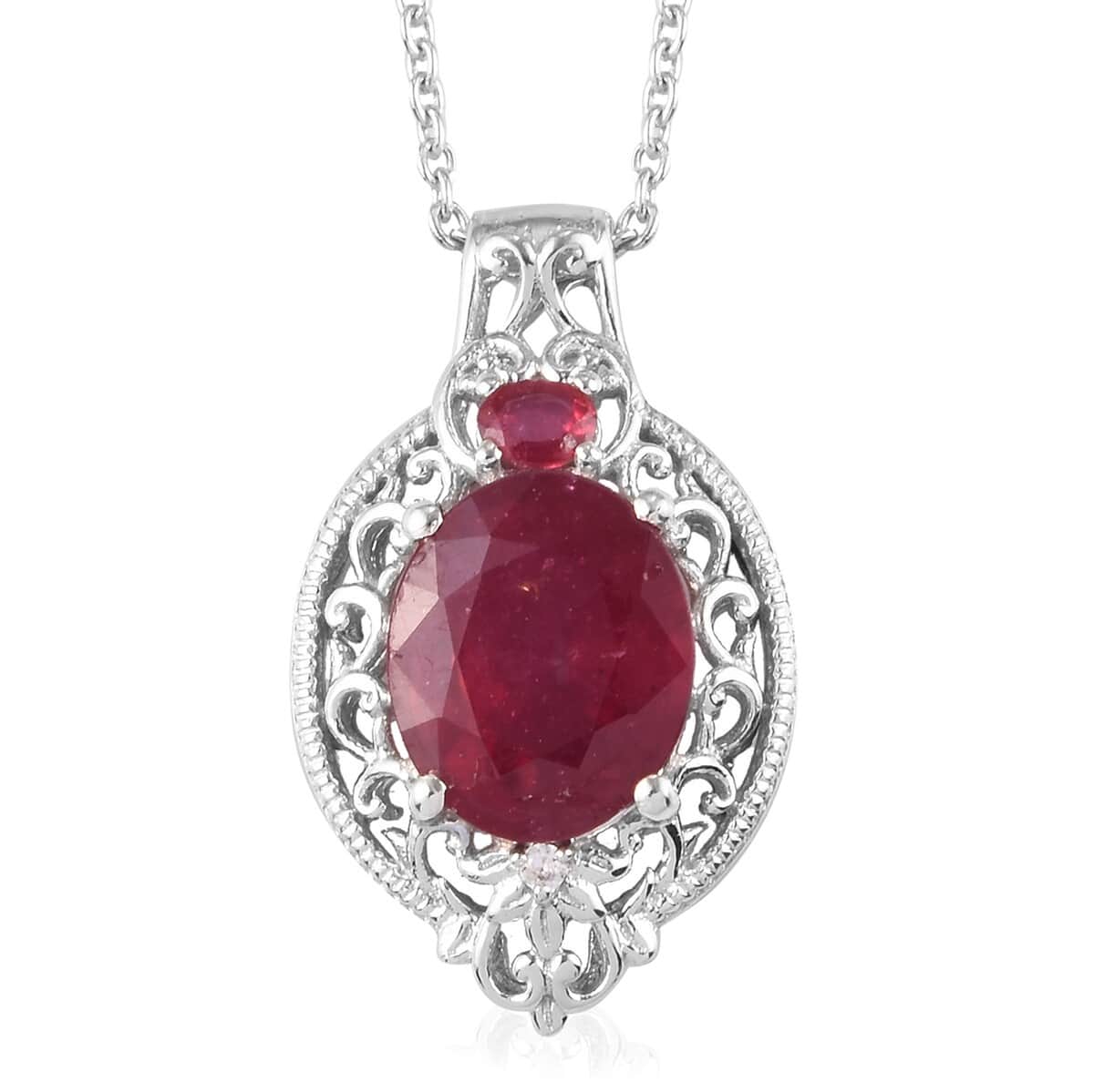 Niassa Ruby (FF) and Diamond Pendant Necklace 20 Inches in Platinum Over Sterling Silver 6.80 ctw image number 0