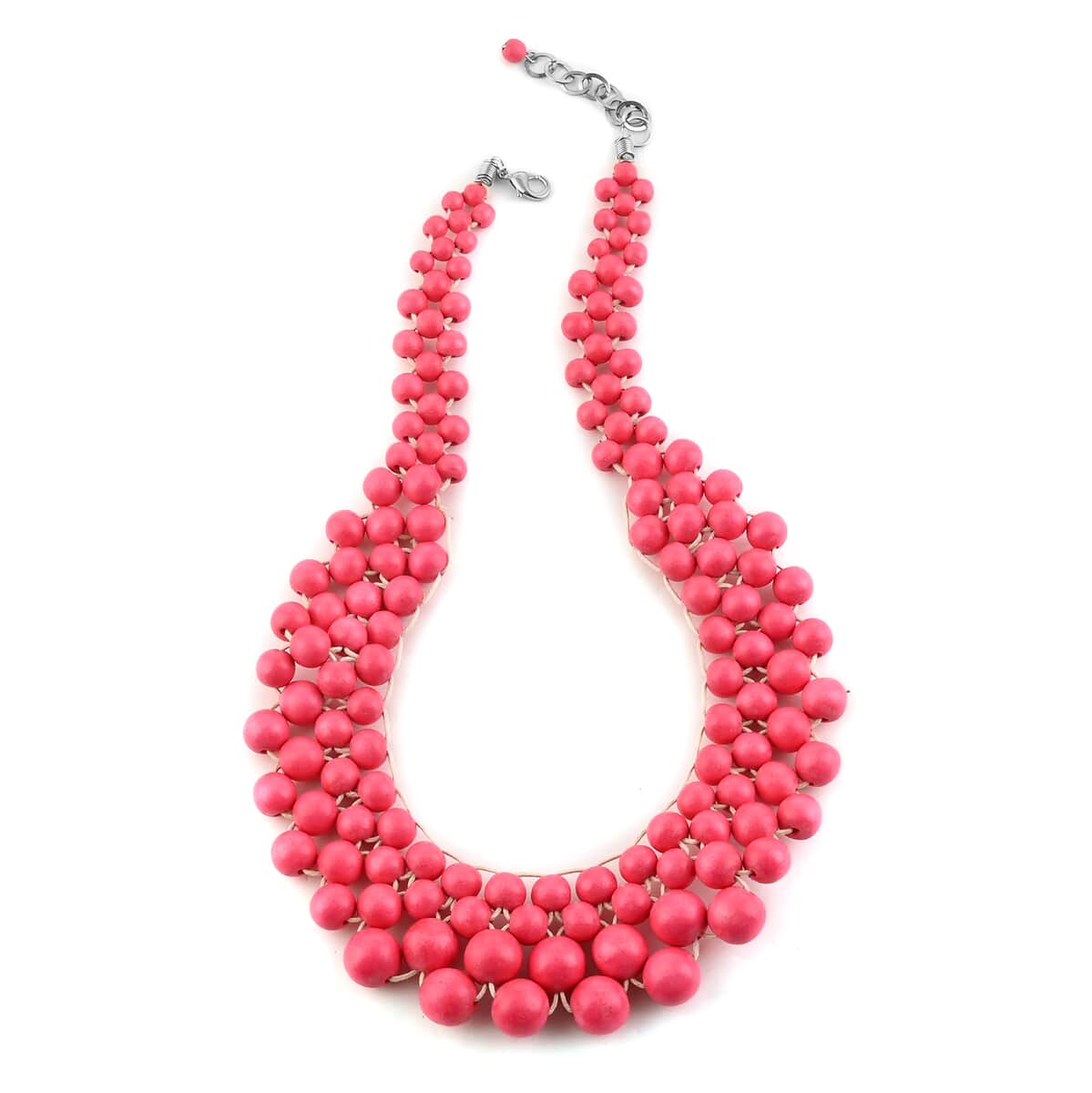 Red Wooden Beaded & Cotton Cord Bib Necklace (20-22 Inches) in Silvertone image number 0
