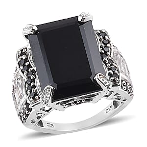 Thai Black Spinel and White Topaz Ring in Platinum Over Sterling Silver (Size 6.0) 24.40 ctw