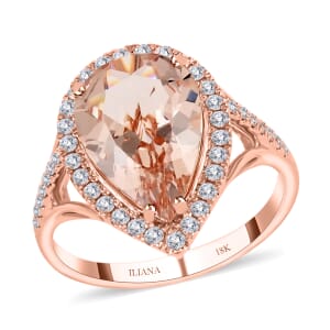 Iliana 18K Rose Gold AAA Marropino Morganite and G-H SI Diamond Split Shank Ring (Size 9.0) 4.30 Grams 4.20 ctw