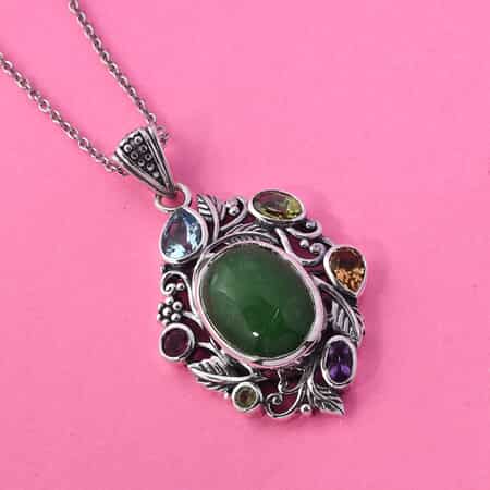 Green Jade and Multi Gemstone Pendant Necklace 20 Inches in Platinum Over Sterling Silver 9 Grams 13.40 ctw image number 1