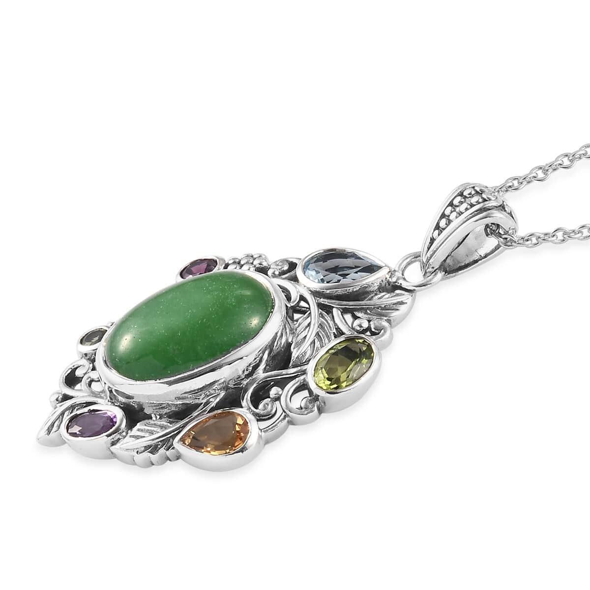 Green Jade and Multi Gemstone Pendant Necklace 20 Inches in Platinum Over Sterling Silver 9 Grams 13.40 ctw image number 3