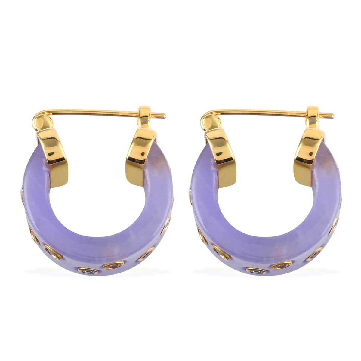 Lustro Stella Made with Finest Multi Color CZ, Lavender Jade (D) Carved 14K YG Over Sterling Silver Hoop Earrings 51.25 ctw image number 1