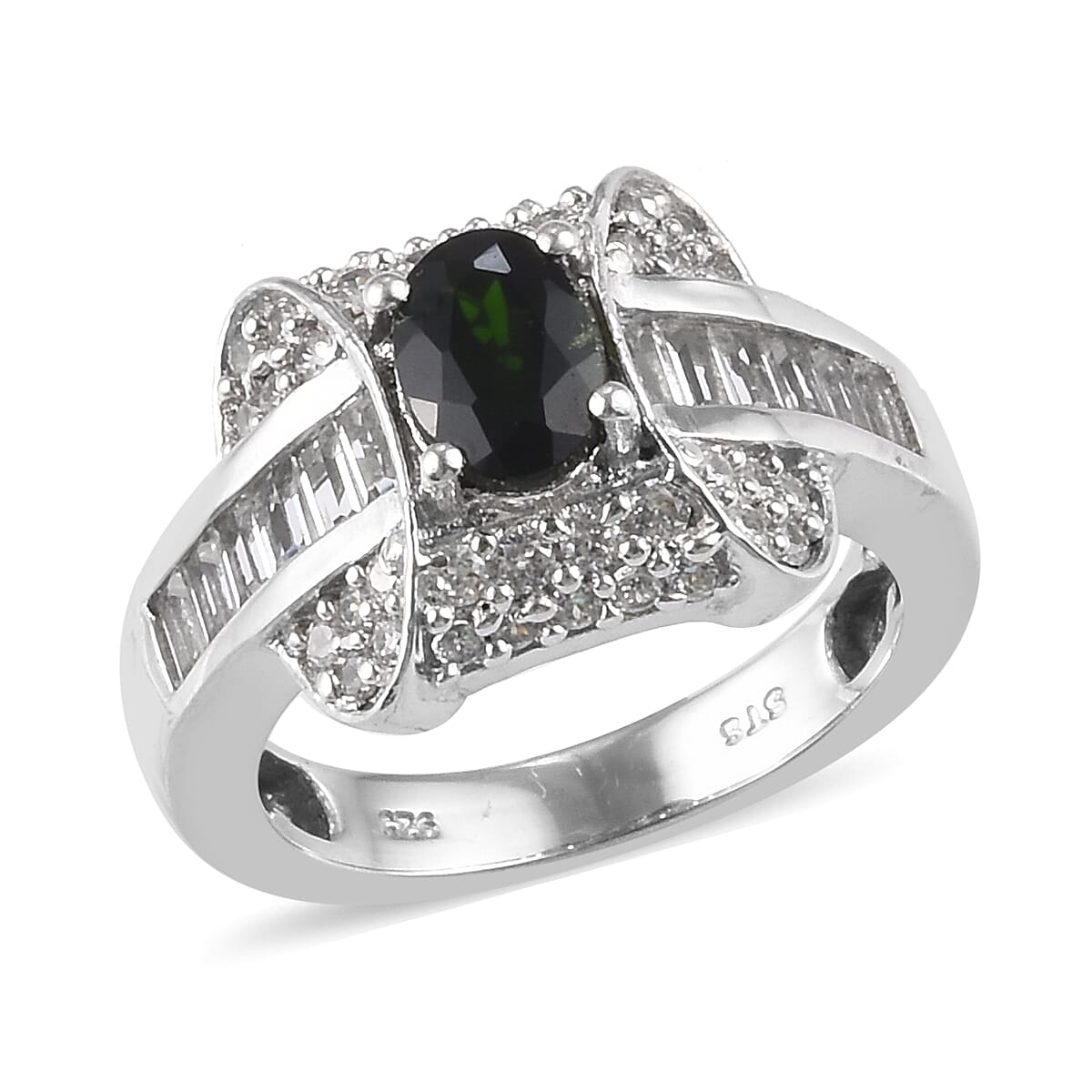 Natural Chrome Diopside and Zircon Ring in Platinum Over Sterling Silver (Size 6.0) 2.80 ctw