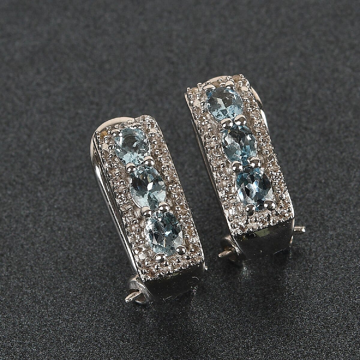 Santa Maria Aquamarine and White Zircon Omega Clip Earrings in Platinum Over Sterling Silver 1.00 ctw image number 1