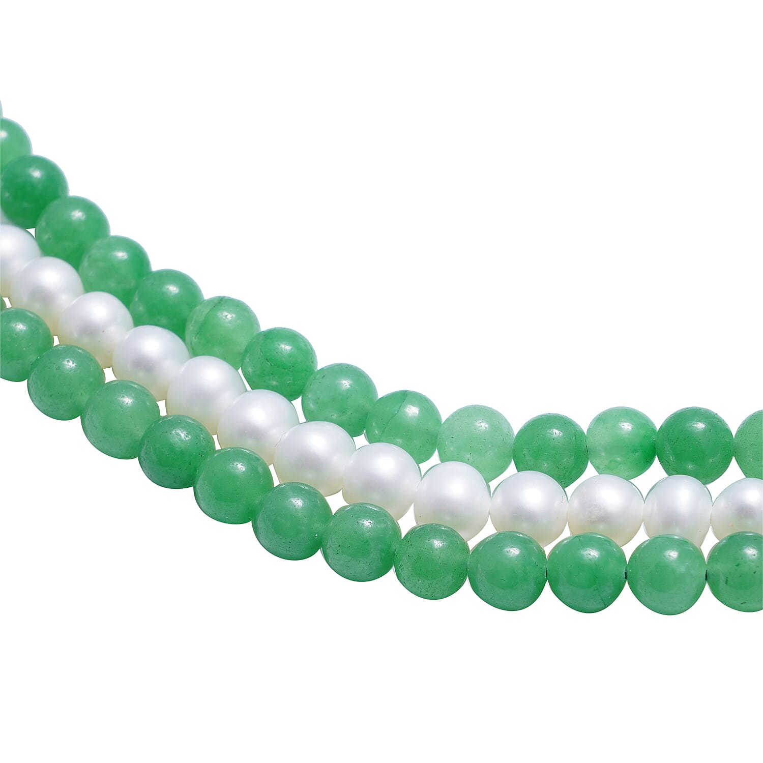 Green Jade and White Freshwater Pearl Triple Row Beaded Necklace 18 Inches in Rhodium Over Sterling Silver 375.50 ctw