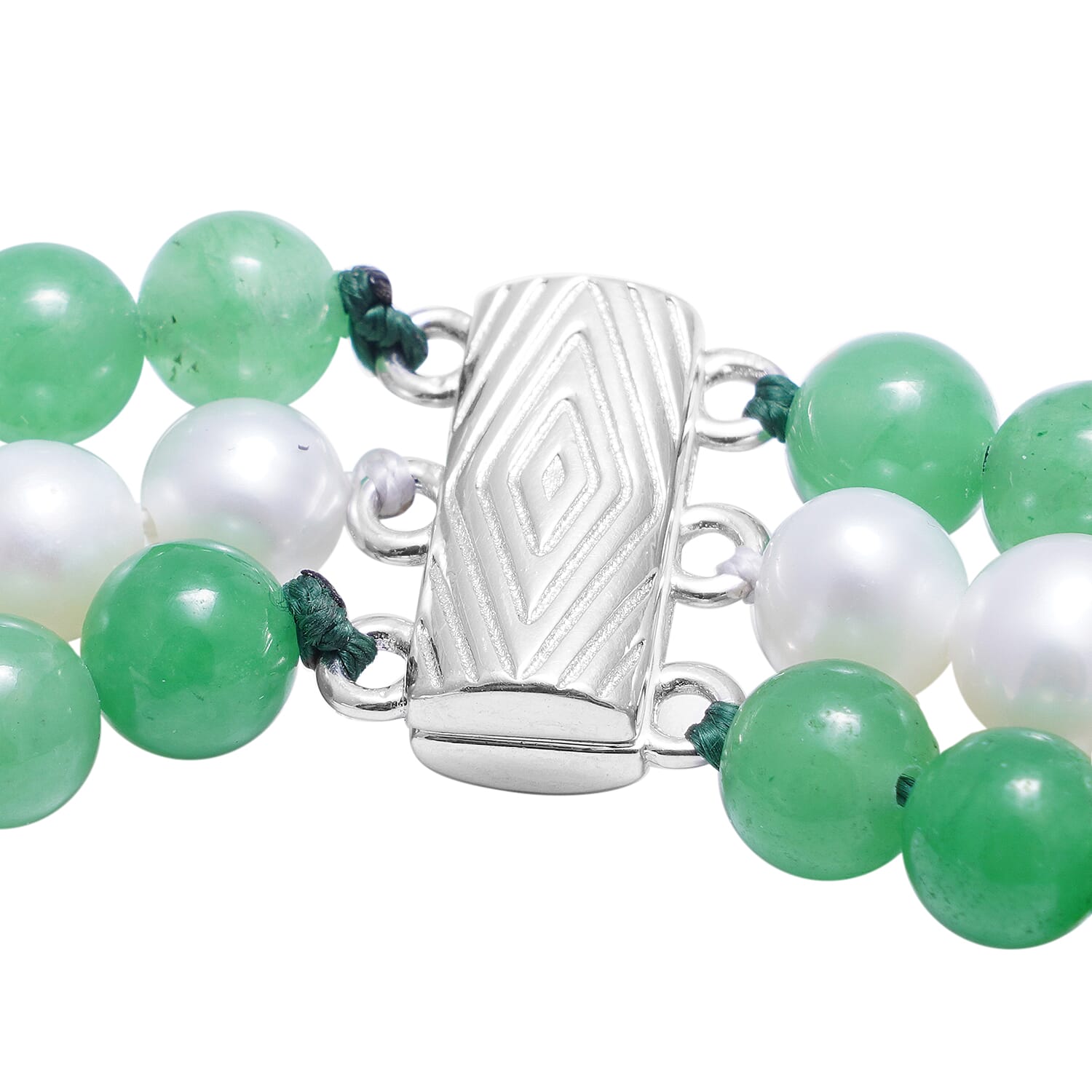 Green Jade and White Freshwater Pearl Triple Row Beaded Necklace 18 Inches in Rhodium Over Sterling Silver 375.50 ctw