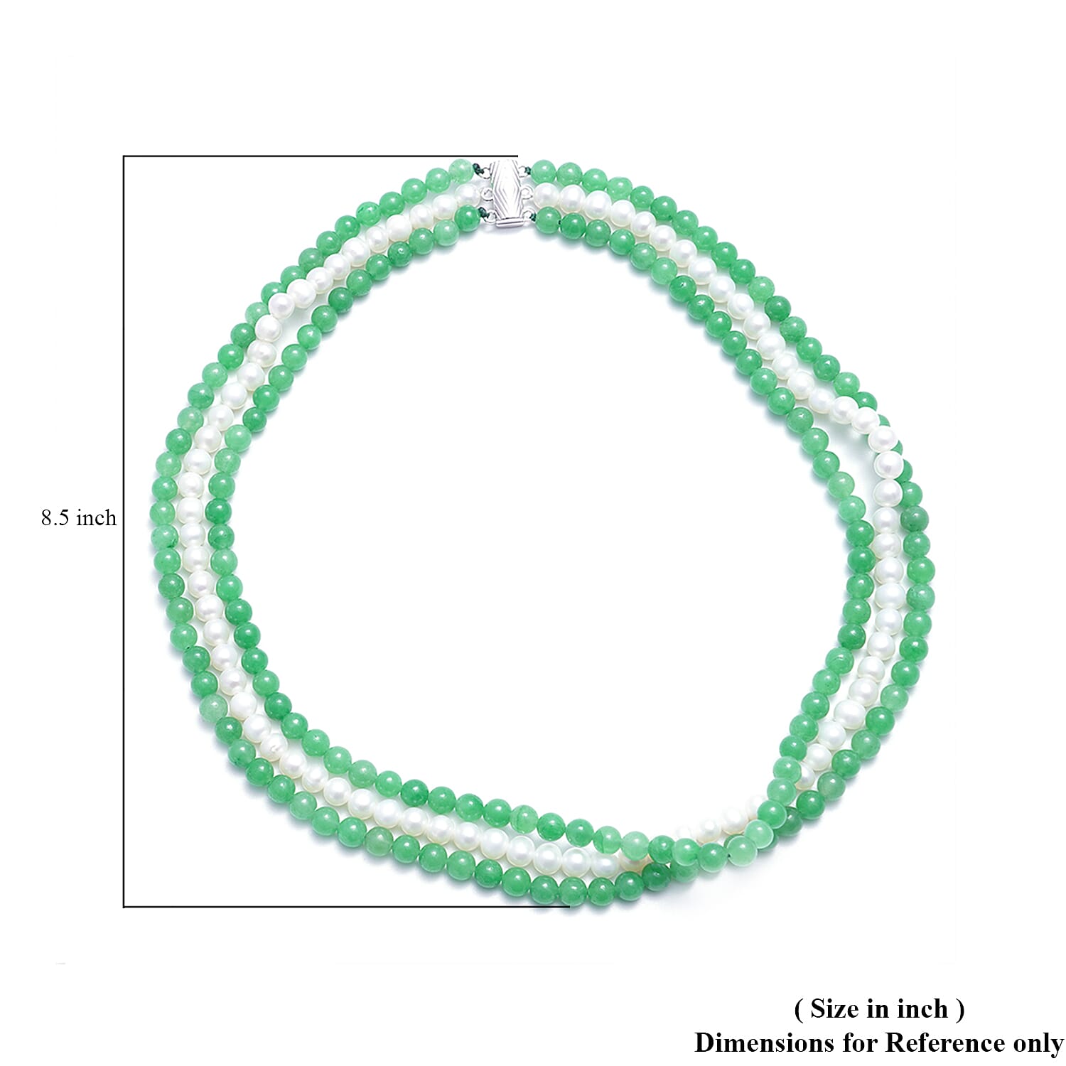 Green Jade and White Freshwater Pearl Triple Row Beaded Necklace 18 Inches in Rhodium Over Sterling Silver 375.50 ctw