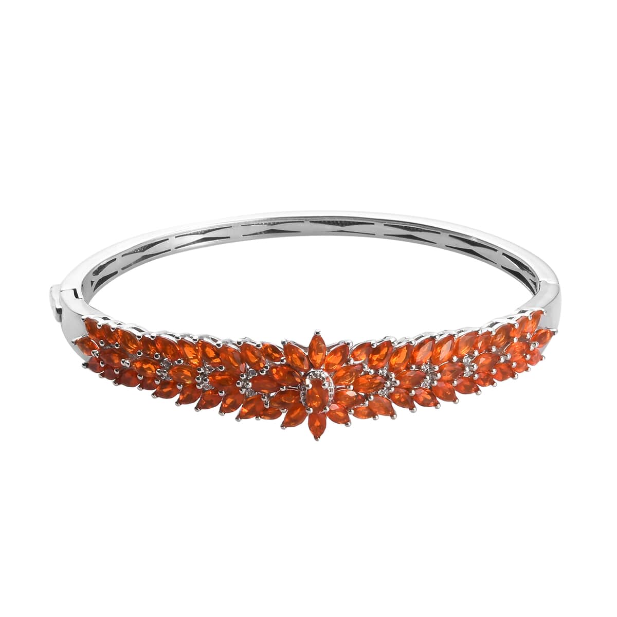 Crimson Fire Opal and White Zircon Floral Spray Bangle Bracelet in Platinum Over Sterling Silver (7.25 In) 6.00 ctw image number 0