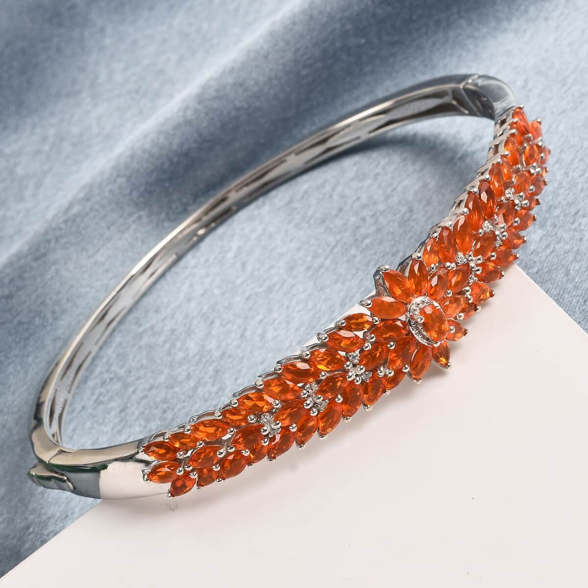 Crimson Fire Opal and White Zircon Floral Spray Bangle Bracelet in Platinum Over Sterling Silver (7.25 In) 6.00 ctw image number 1