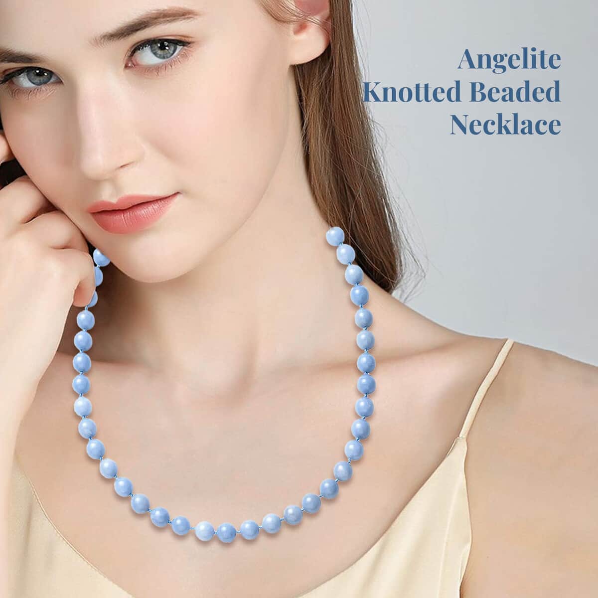 Angelite 9-11mm Beaded Knotted Necklace 20 Inches in Rhodium Over Sterling Silver 350.00 ctw image number 2