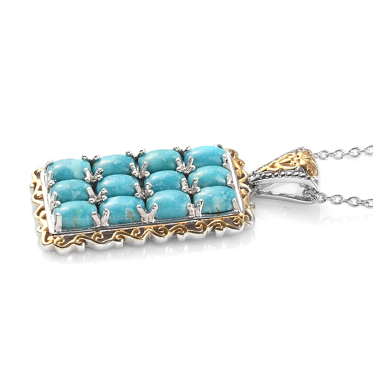 Nevada Turquoise Floral Pendant Necklace 20 Inches in Vermeil Yellow Gold & Platinum Over Sterling Silver 5.60 Grams