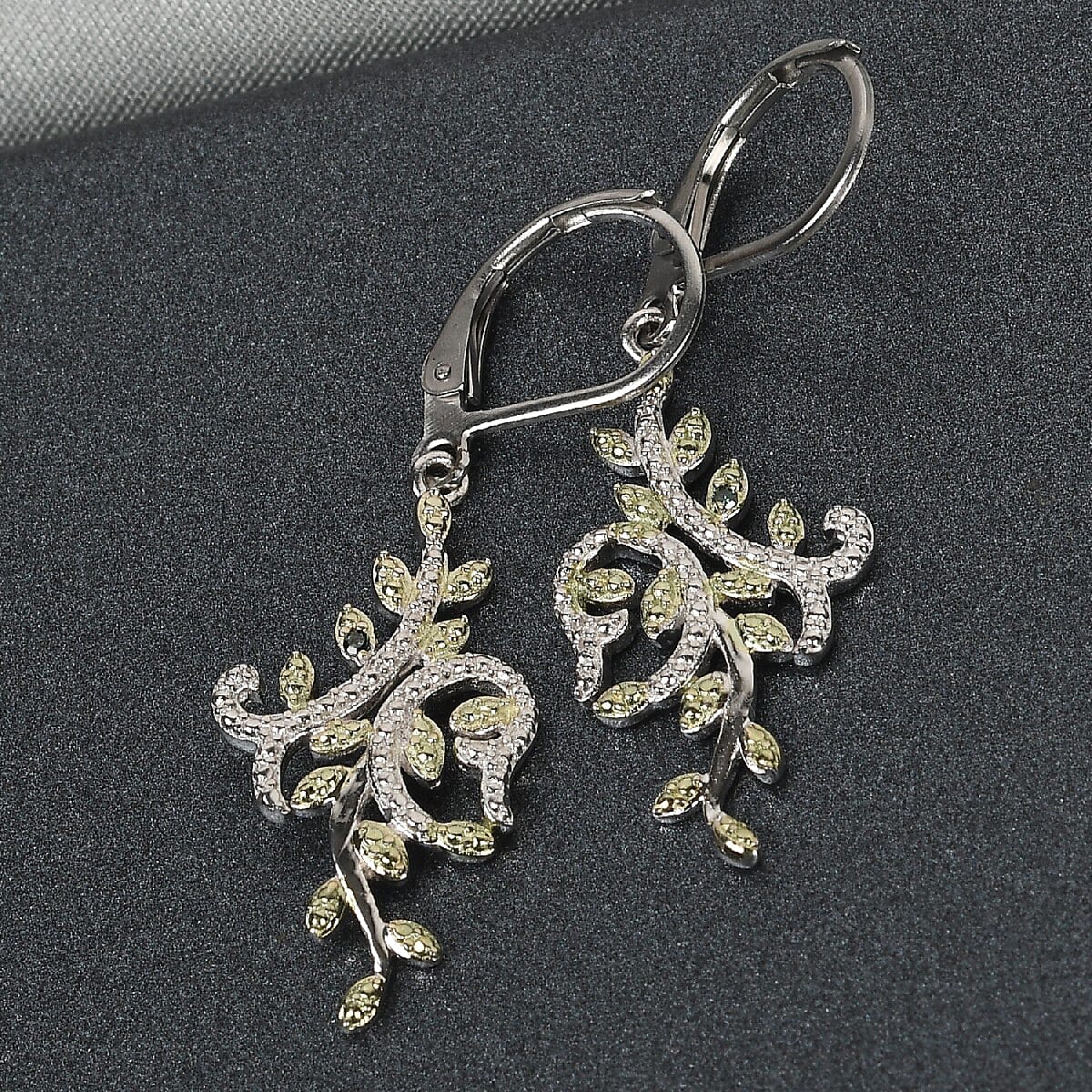Karis Green Diamond Accent Dangle Leafs Earrings in Rhodium & Platinum Bond