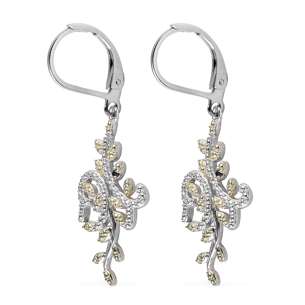 Karis Green Diamond Accent Dangle Leafs Earrings in Rhodium & Platinum Bond
