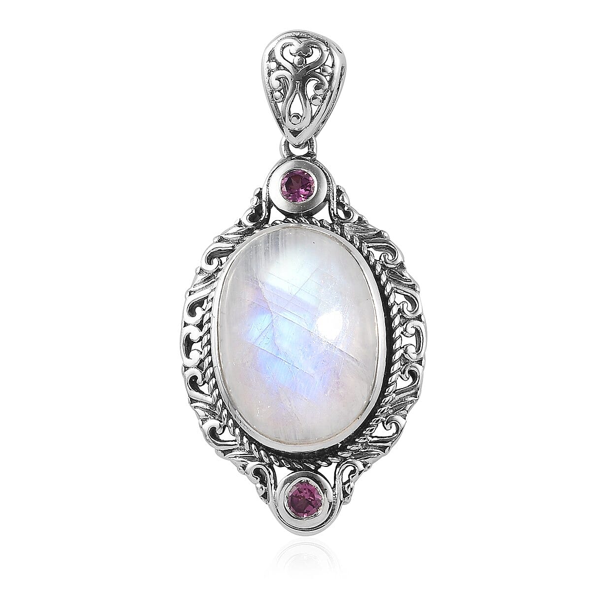 Rainbow Moonstone and Orissa Rhodolite Garnet Solitaire Pendant in Sterling Silver 10.25 ctw