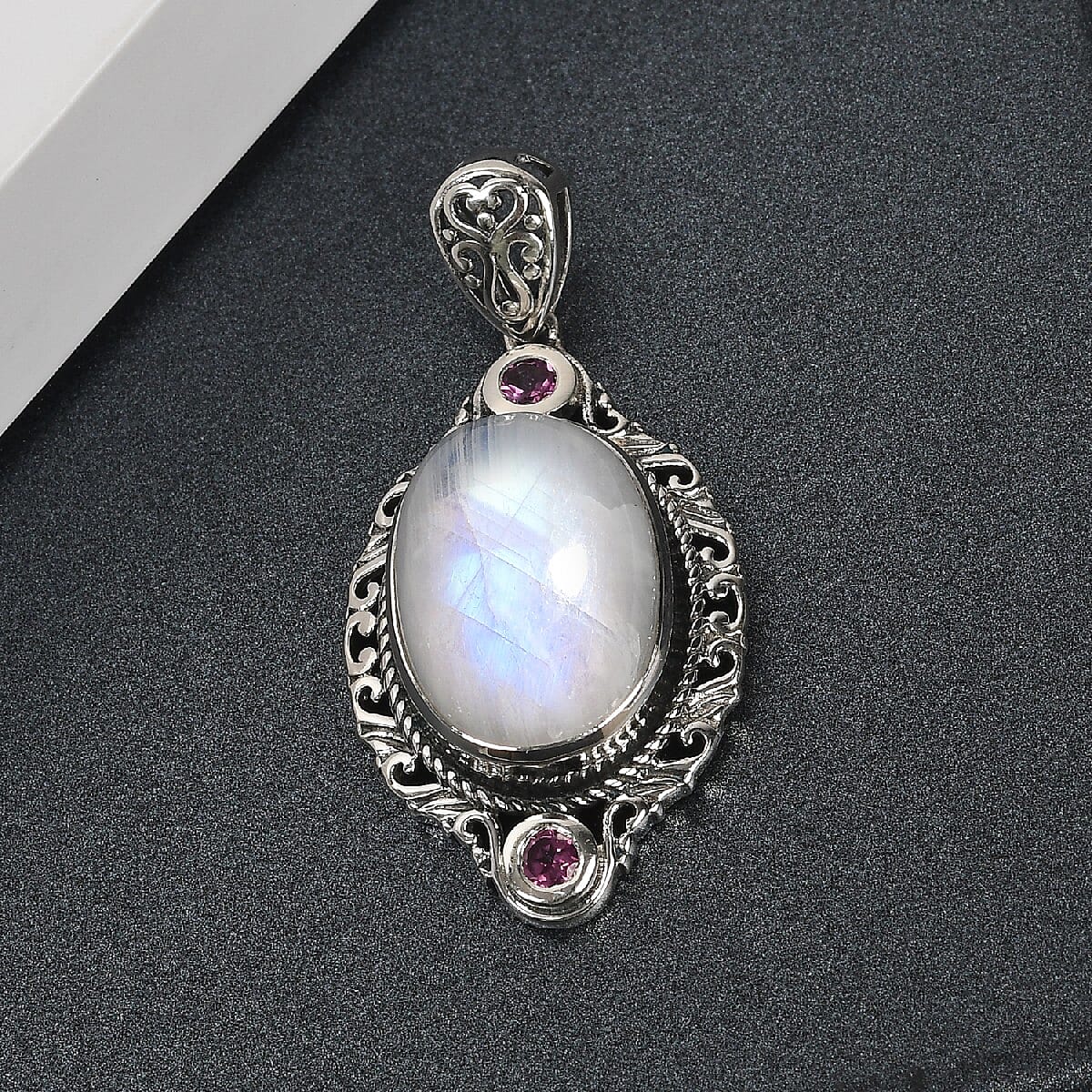 Rainbow Moonstone and Orissa Rhodolite Garnet Solitaire Pendant in Sterling Silver 10.25 ctw