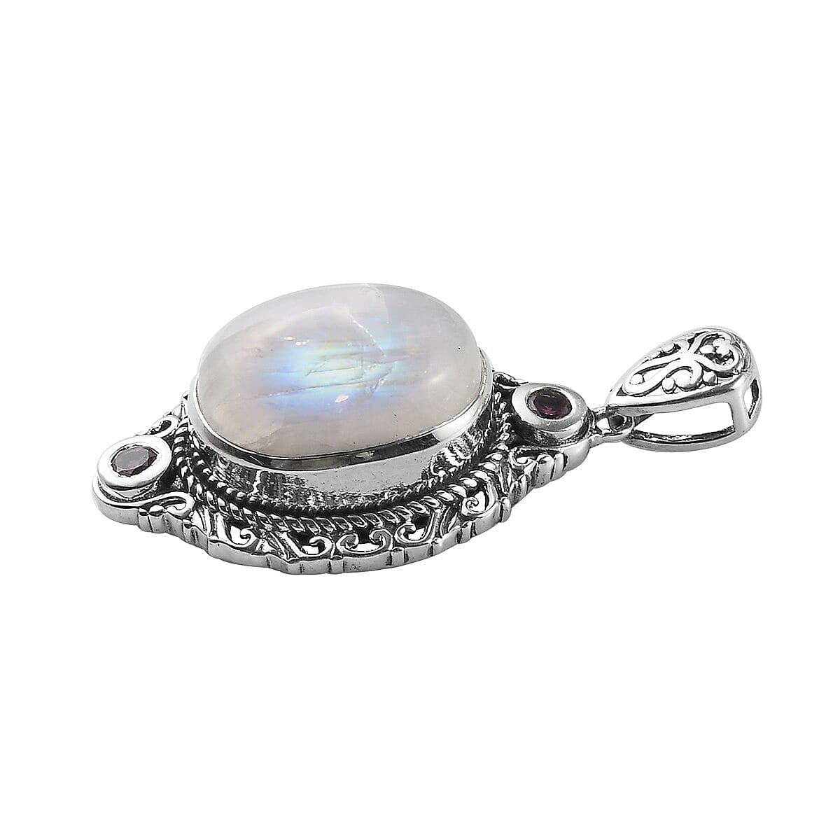 Rainbow Moonstone and Orissa Rhodolite Garnet Solitaire Pendant in Sterling Silver 10.25 ctw