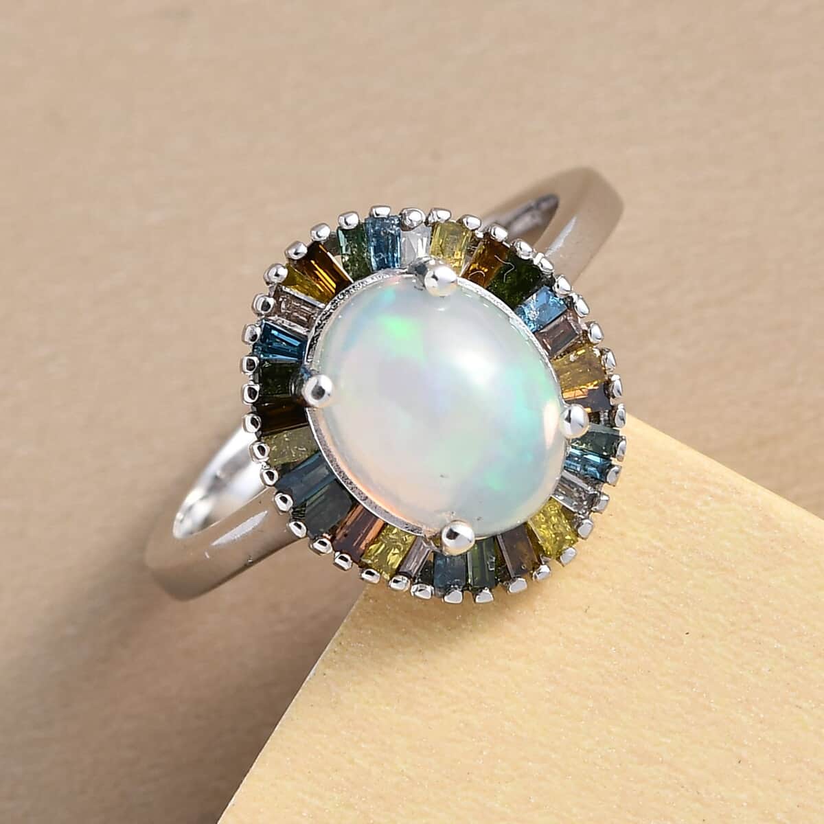 Premium Ethiopian Welo Opal and Multi Diamond Halo Ring in Platinum Over Sterling Silver (Size 9.0) 1.65 ctw image number 1