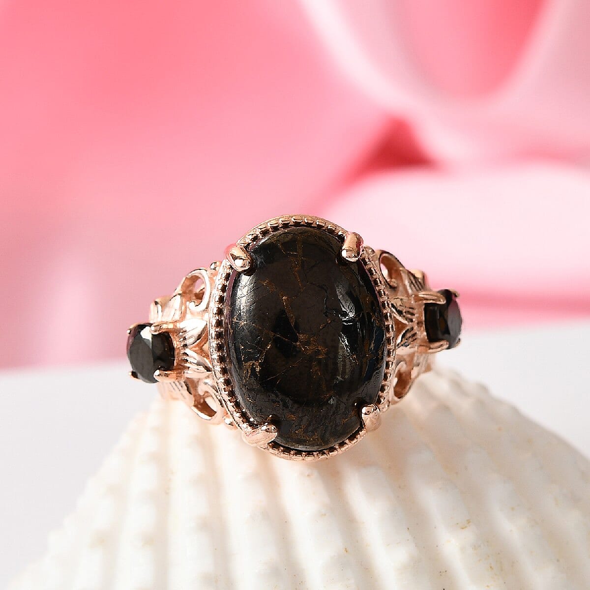 Matrix Silver Shungite and Elite Shungite Ring in 14K RG Over Copper With Magnet (Size 10.0) 4.75 ctw