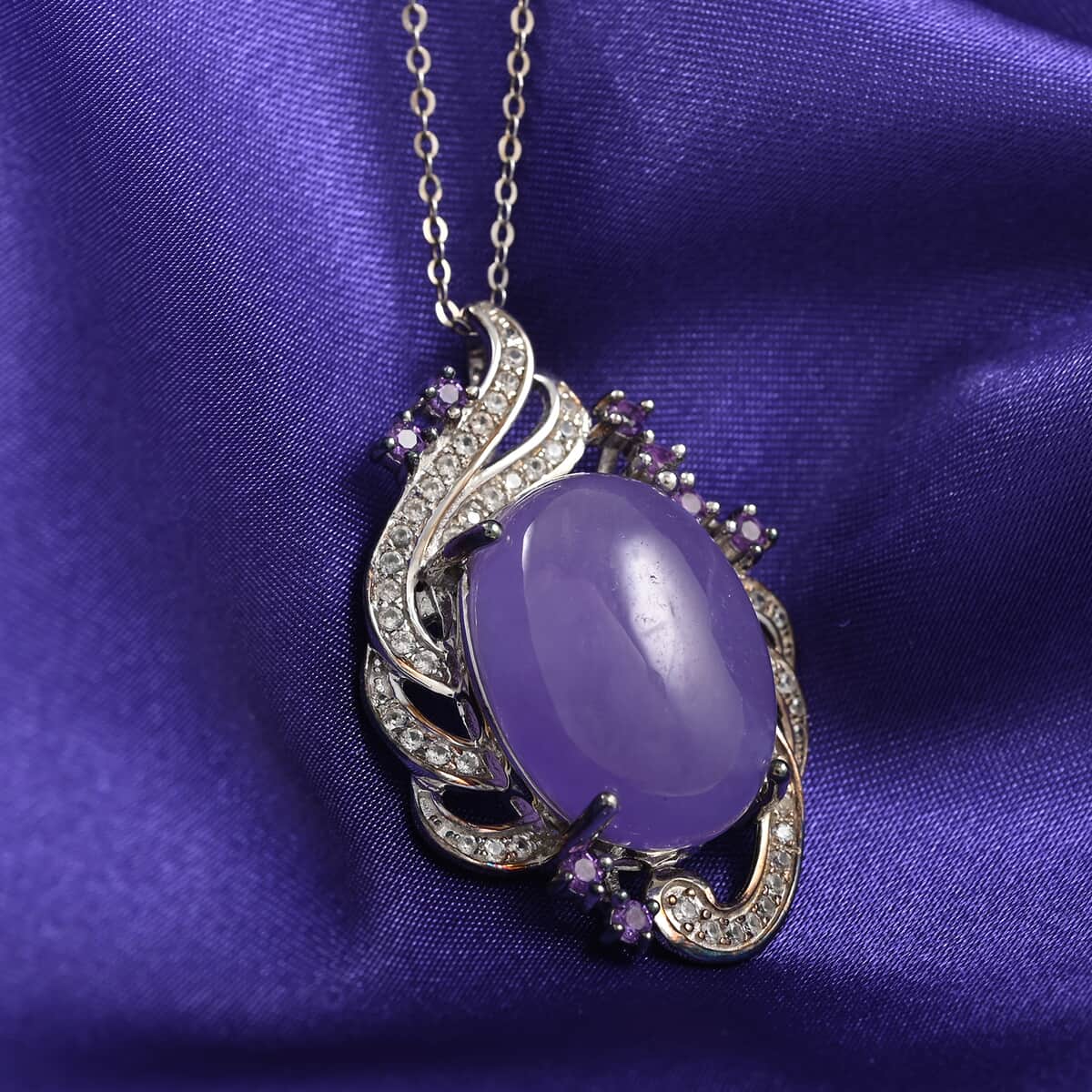Purple Jade and Multi Gemstone Pendant Necklace 20 Inches in Platinum Over Sterling Silver 18.65 ctw image number 1